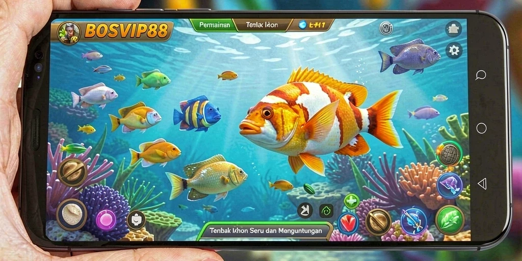 Tampilan gameplay BOSVIP88 yang menampilkan aksi tembak ikan yang seru.