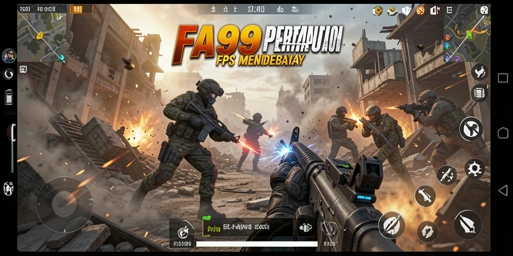Screenshot gameplay FA99 yang menampilkan pertempuran intens di lingkungan urban.