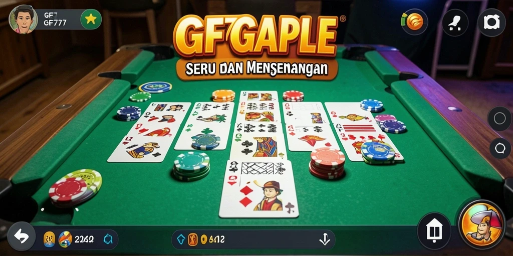 Tampilan gameplay Gaple yang seru di GF777 dengan kartu yang menarik.