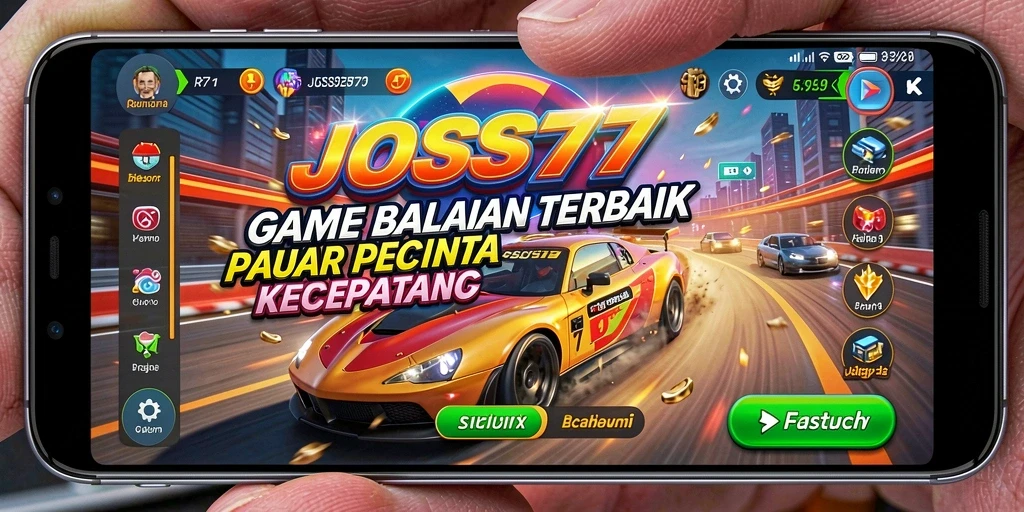 Screenshot gameplay balapan di JOSS777 menampilkan mobil melaju dengan cepat.