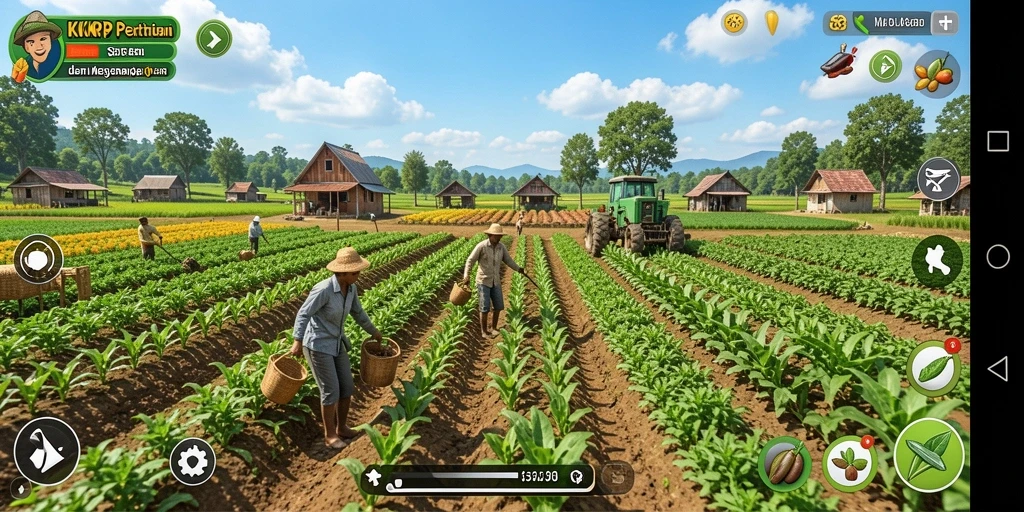 Gameplay seru pertanian yang menampilkan ladang yang subur dan tanaman beragam.