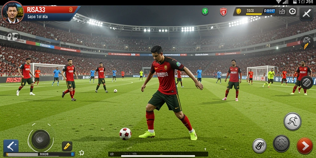 Tampilan gameplay RUSA33 yang dinamis dan penuh aksi permainan sepak bola.
